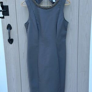 H&M Gray Midi Dress- Classy Embellished Collar- size 8 - stretchy